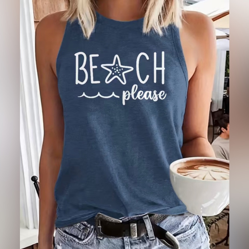 Navy Blue Tank Top with Beach Please Graphic